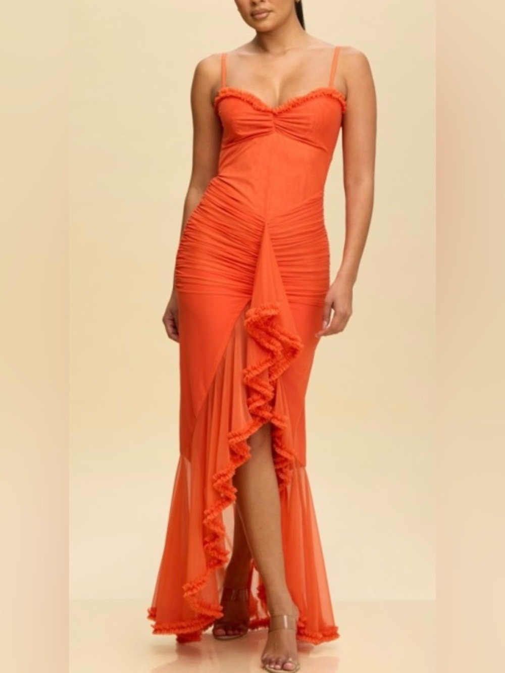 Orange Ruffle-Trim Ruched Maxi Dress please read the description